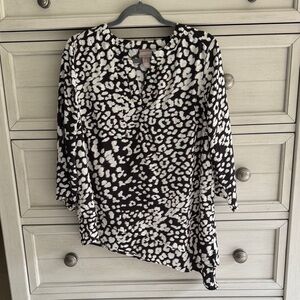 Chico's Asymmetrical Black, Chocolate Brownand White Animal Print Tunic